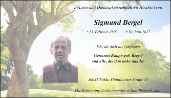 Traueranzeige von Sigmund Bergel 