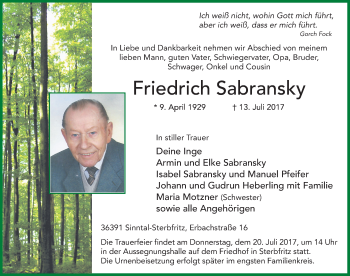 Traueranzeige von Friedrich Sabransky 