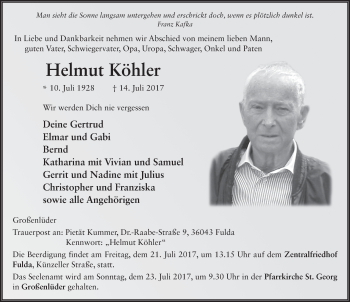Traueranzeige von Helmut Köhler 