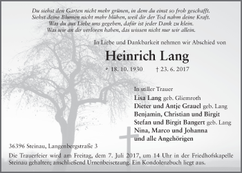 Traueranzeige von Heinrich Lang 