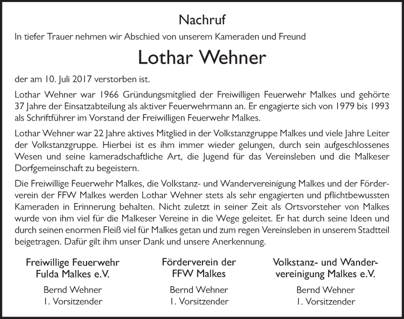  Traueranzeige für Lothar Wehner vom 12.07.2017 aus 