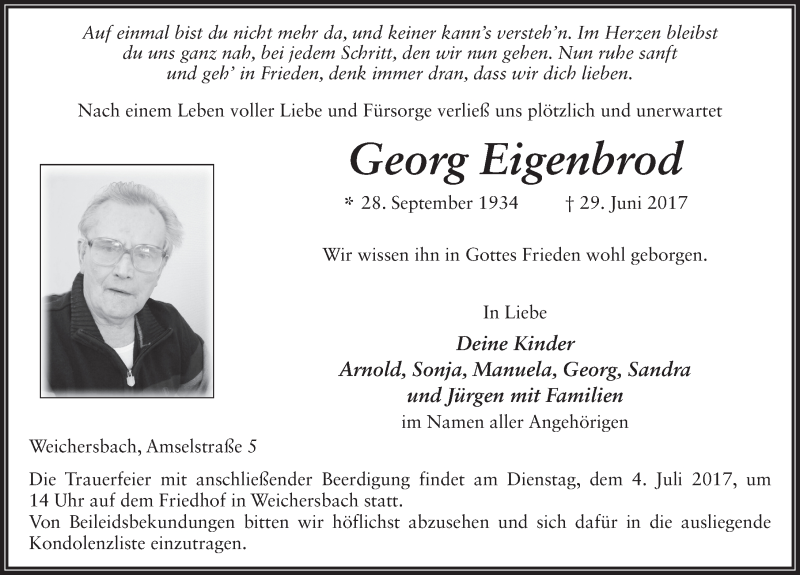  Traueranzeige für Georg Eigenbrod vom 01.07.2017 aus 