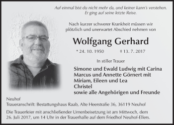 Traueranzeige von Wolfgang Gerhard 