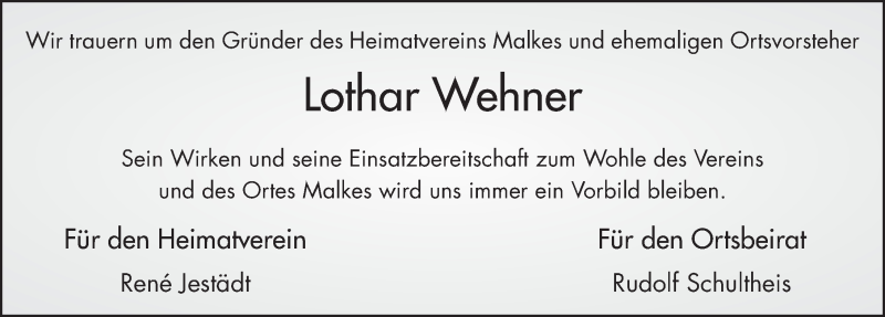  Traueranzeige für Lothar Wehner vom 12.07.2017 aus 