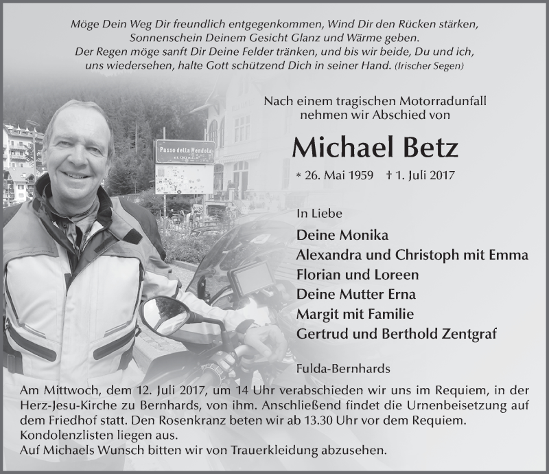  Traueranzeige für Michael Betz vom 10.07.2017 aus 