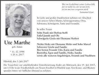 Traueranzeige von Ute Marthe 