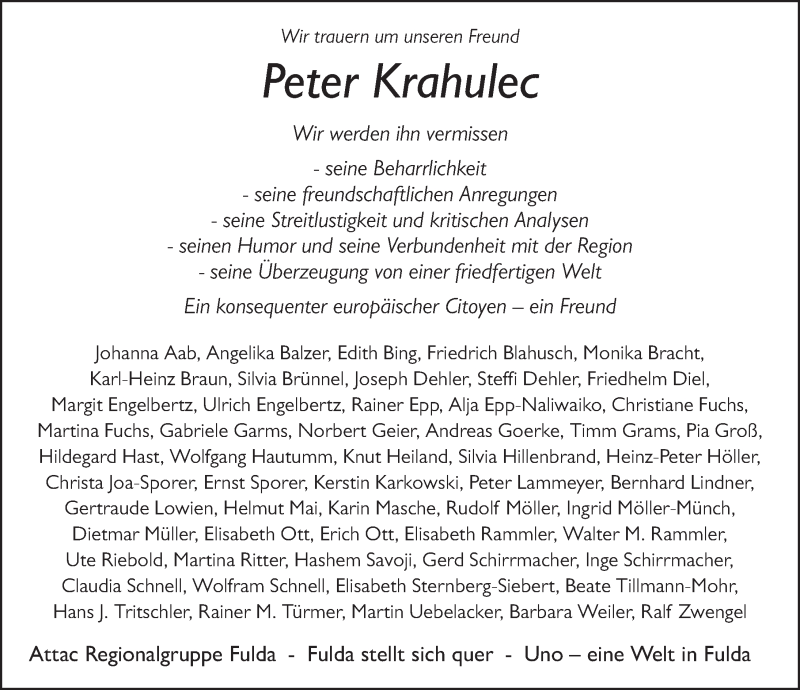  Traueranzeige für Peter Krahulec vom 08.07.2017 aus 