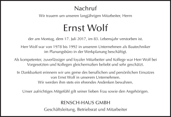 Traueranzeige von Ernst Wolf 