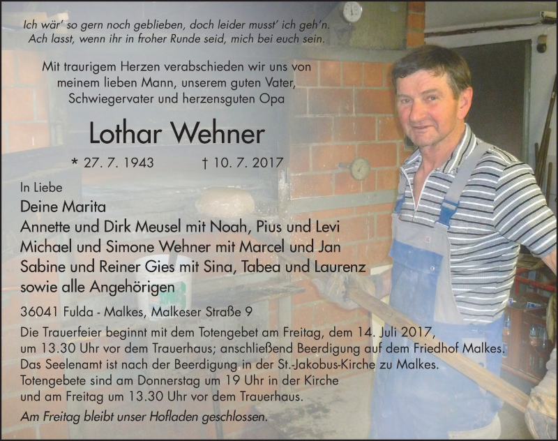  Traueranzeige für Lothar Wehner vom 12.07.2017 aus 