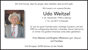 Traueranzeige von Udo Weitzel 