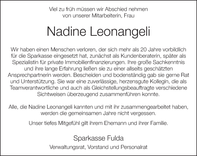  Traueranzeige für Nadine Leonangeli vom 18.07.2017 aus 
