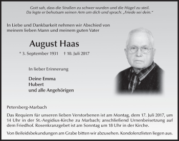 Traueranzeige von August Haas 