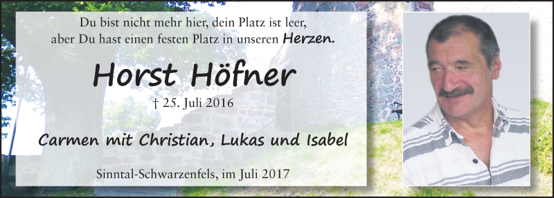  Traueranzeige für Horst Höfner vom 27.07.2017 aus 