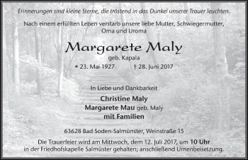 Traueranzeige von Margarete Maly 