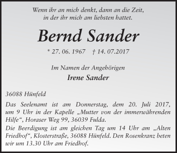 Traueranzeige von Bernd Sander 