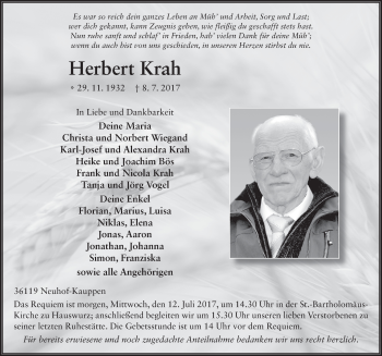 Traueranzeige von Herbert Krah 