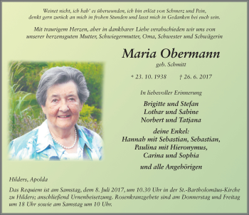 Traueranzeige von Maria Obermann 