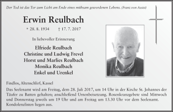 Traueranzeige von Erwin Reulbach 