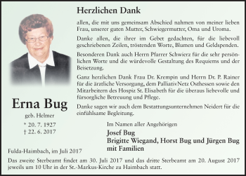 Traueranzeige von Erna Bug 