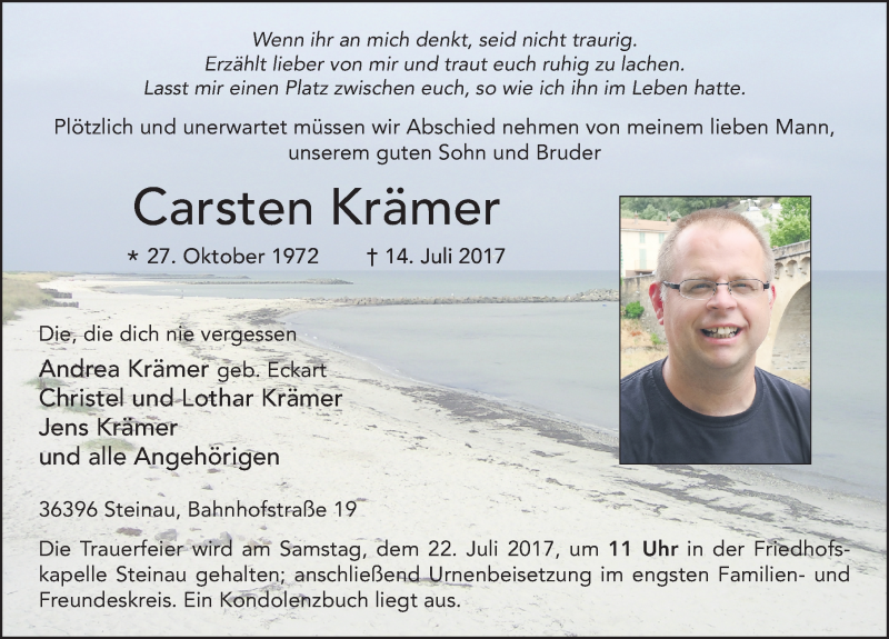 Traueranzeige für Carsten Krämer vom 19.07.2017 aus 
