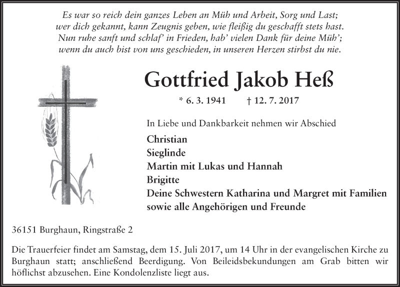  Traueranzeige für Gottfried Jakob Heß vom 14.07.2017 aus 