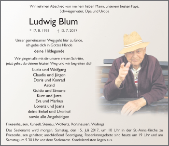 Traueranzeige von Ludwig Blum 