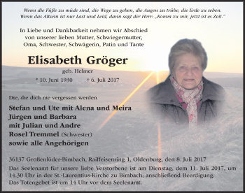 Traueranzeige von Elisabeth Gröger 