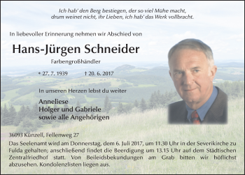 Traueranzeige von Hans-Jürgen Schneider 
