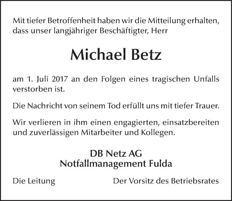  Traueranzeige für Michael Betz vom 10.07.2017 aus 