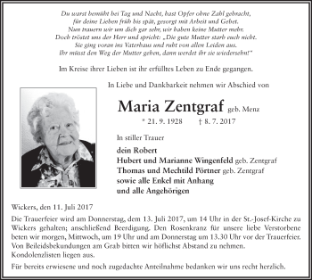 Traueranzeige von Maria Zentgraf 