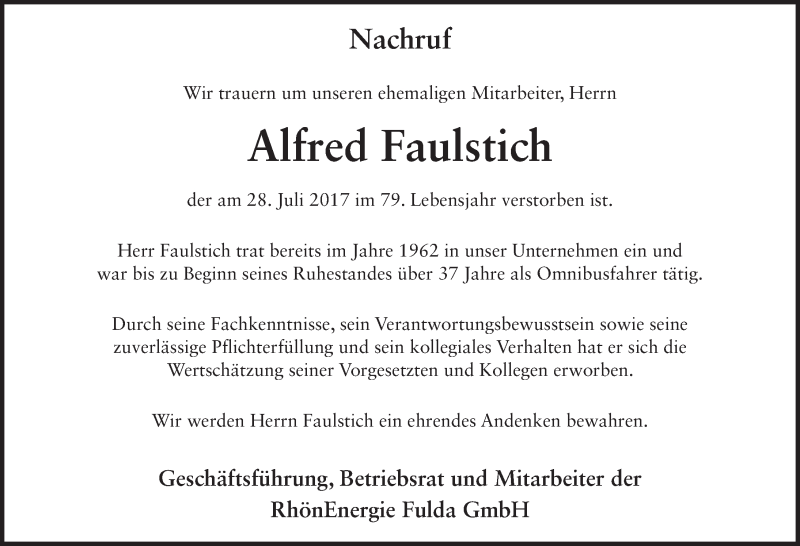  Traueranzeige für Alfred Faulstich vom 09.08.2017 aus 
