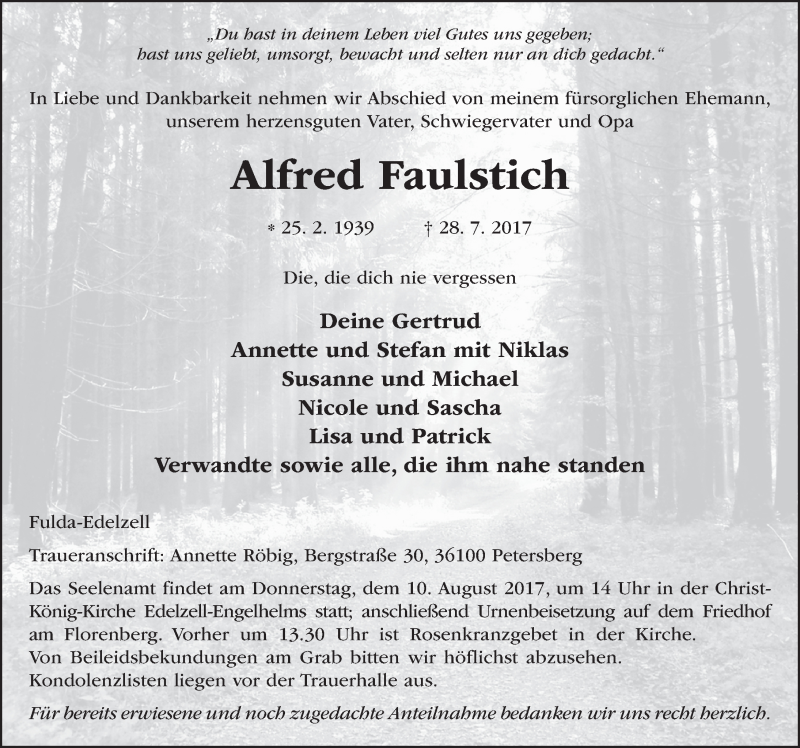  Traueranzeige für Alfred Faulstich vom 08.08.2017 aus 