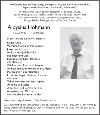 Traueranzeige von Aloysius Hohmann 