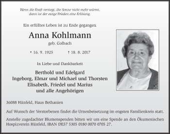 Traueranzeige von Anna Kohlmann 