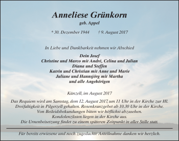 Traueranzeige von Anneliese Grünkorn 