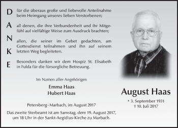 Traueranzeige von August Haas 