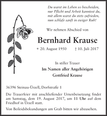 Traueranzeige von Bernhard Krause 
