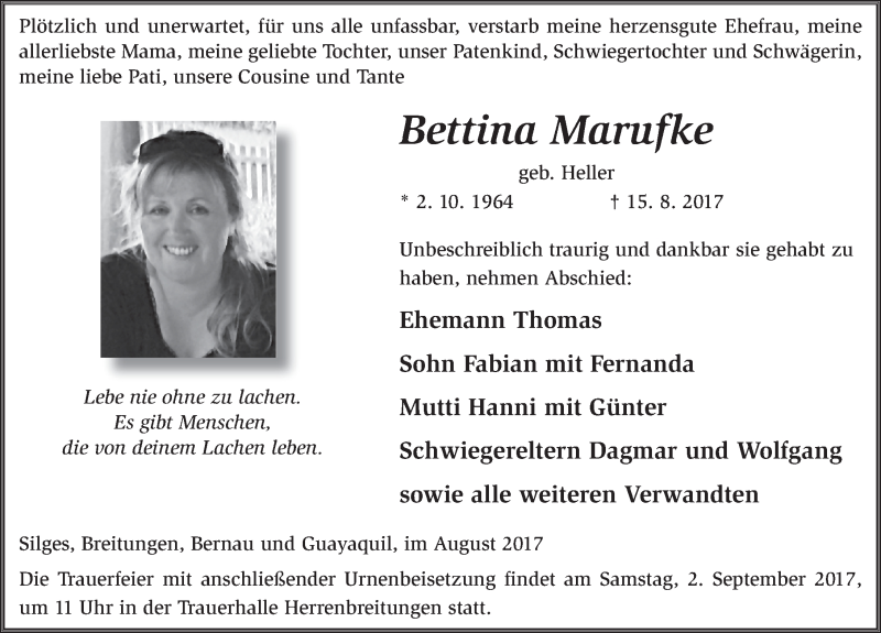  Traueranzeige für Bettina Marufke vom 26.08.2017 aus 