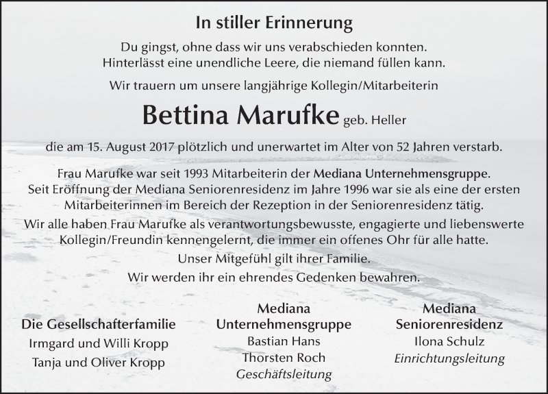  Traueranzeige für Bettina Marufke vom 26.08.2017 aus 