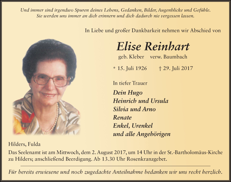  Traueranzeige für Elise Reinhart vom 01.08.2017 aus 