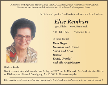 Traueranzeige von Elise Reinhart 