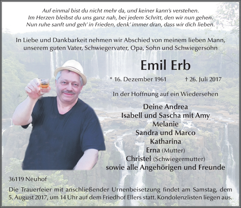  Traueranzeige für Emil Erb vom 03.08.2017 aus 