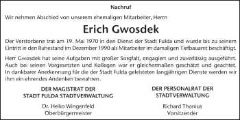 Traueranzeige von Erich Gwosdek 