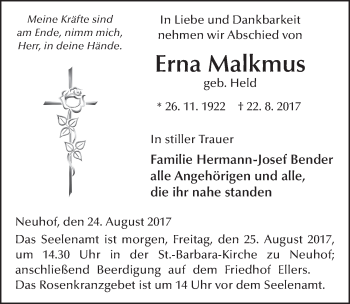 Traueranzeige von Erna Malkmus 