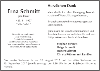 Traueranzeige von Erna Schmitt 