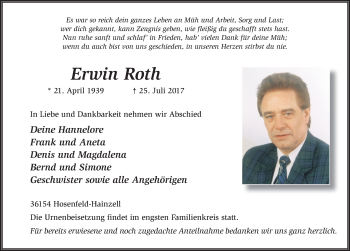 Traueranzeige von Erwin Roth 