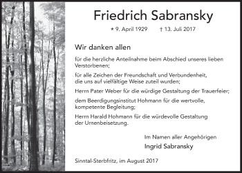 Traueranzeige von Friedrich Sabransky 