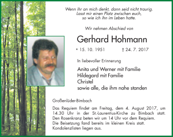 Traueranzeige von Gerhard Hohmann 