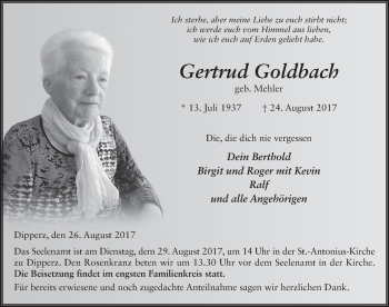 Traueranzeige von Gertrud Goldbach 