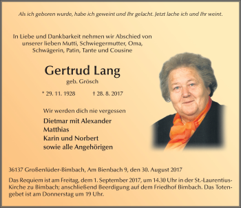 Traueranzeige von Gertrud Lang 